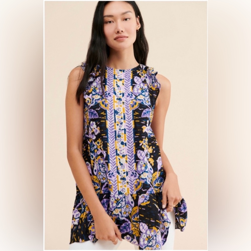 NEW FREE PEOPLE SUMMER TULUM TUNIC PURPLE/GOLD FLORAL OPEN BACK SIZE XS/S NWT - Picture 9 of 9